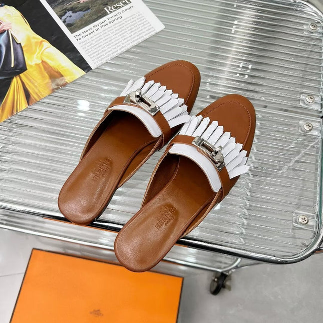 0Z MULE CARAMEL MIX FRINGED WHITE CALFSKIN