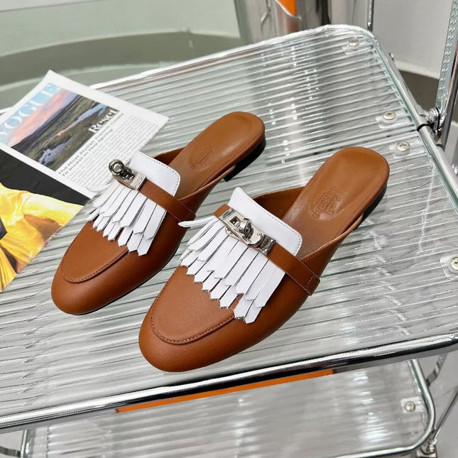 0Z MULE CARAMEL MIX FRINGED WHITE CALFSKIN