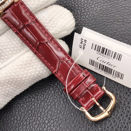 BALLON BLEU 33MM ROSE GOLD CASE DIAMOND BEZEL RED LEATHER STRAP
