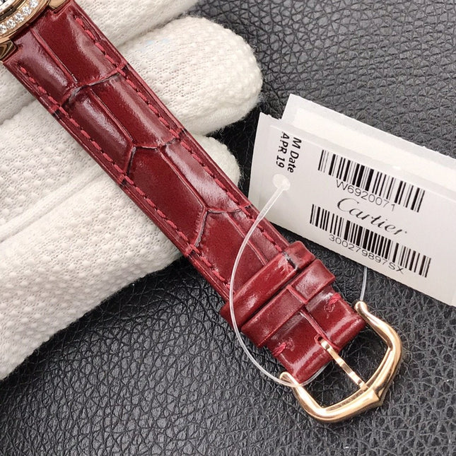 BALLON BLEU 33MM ROSE GOLD CASE DIAMOND BEZEL RED LEATHER STRAP