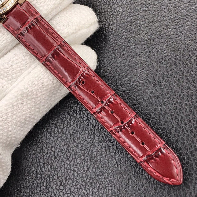 BALLON BLEU 33MM ROSE GOLD CASE DIAMOND BEZEL RED LEATHER STRAP