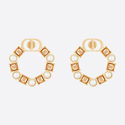 CD EARRINGS GOLD-FINISH METAL WITH RESIN PEARLS AND AMBER-COLORED CRYSTALS