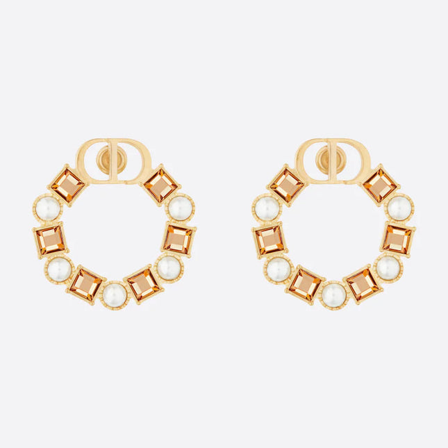 CD EARRINGS GOLD-FINISH METAL WITH RESIN PEARLS AND AMBER-COLORED CRYSTALS