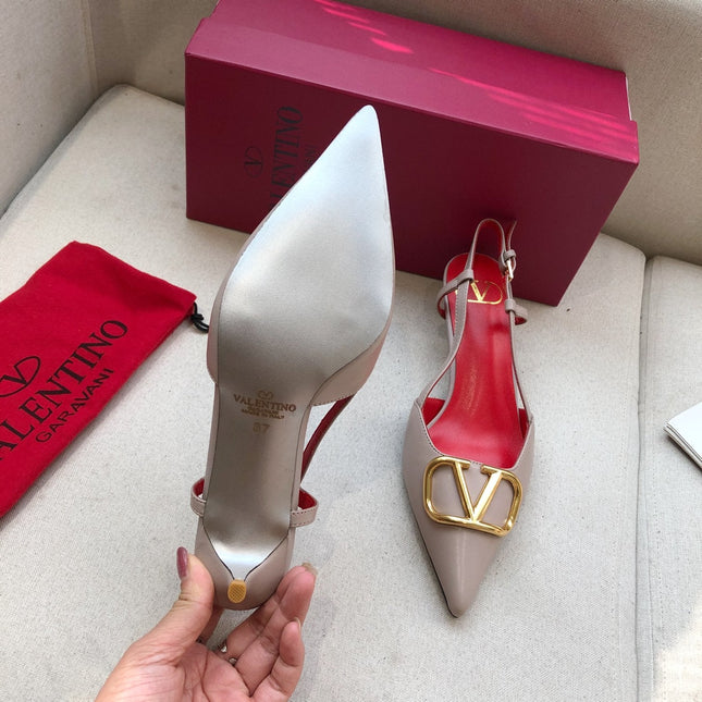 VLOGO SIGNATURE PALE PINK CALFSKIN HIGH SLINGBACK PUMP 4 CM WITH GOLD LOGO