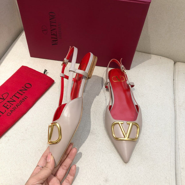 VLOGO SIGNATURE CREPE PINK CALFSKIN FLAT SLINGBACK PUMP