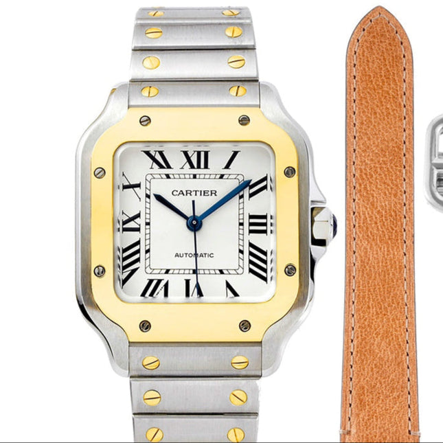SANTOS MEDIUM MODEL DE CARTIER WATCH SILVER AND GOLD CASE WITH CRYSTALS