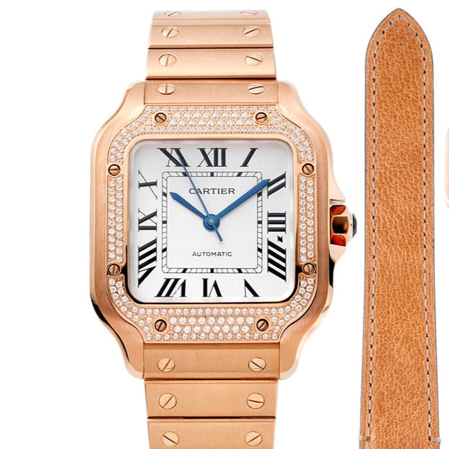 SANTOS MEDIUM MODEL DE CARTIER WATCH ROSE GOLD CASE WITH CRYSTALS