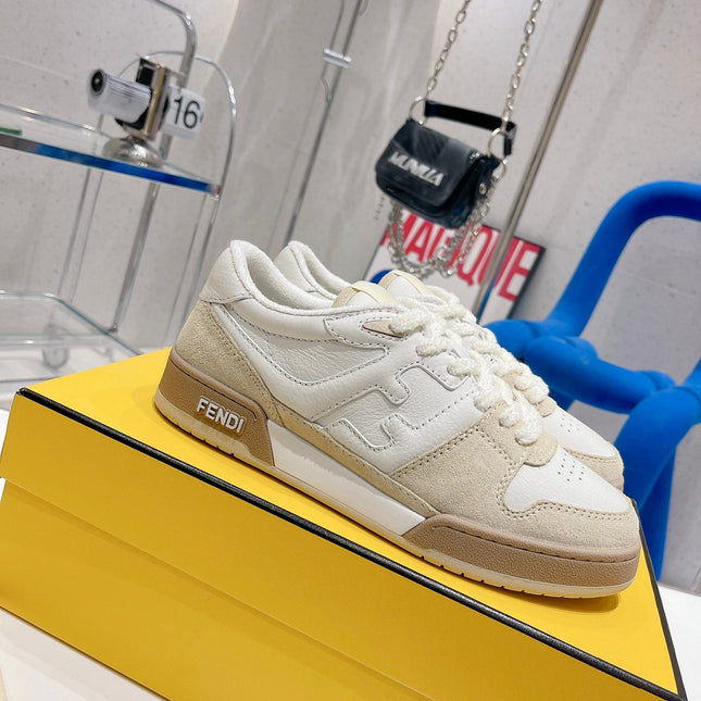 FENDI CASUAL SNEAKER IN WHITE CALFSKIN AND TAN BROWN SUEDE