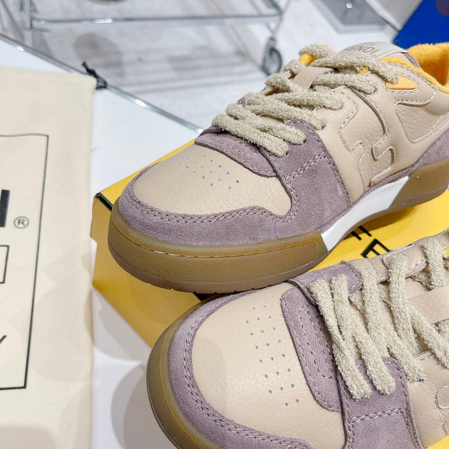 FENDI CASUAL SNEAKER IN TAN BEIGE CALFSKIN AND HEATHER PURPLE SUEDE