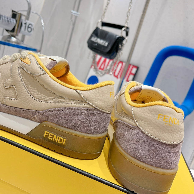 FENDI CASUAL SNEAKER IN TAN BEIGE CALFSKIN AND HEATHER PURPLE SUEDE