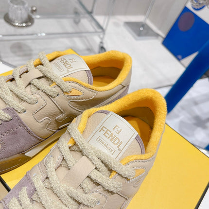 FENDI CASUAL SNEAKER IN TAN BEIGE CALFSKIN AND HEATHER PURPLE SUEDE