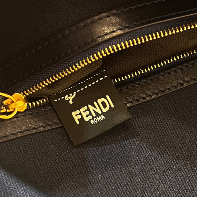 BAGUETTE WITH FF MOTIF 27 IN NAVY BLUE JACQUARD FABRIC GOLD HARDWARE