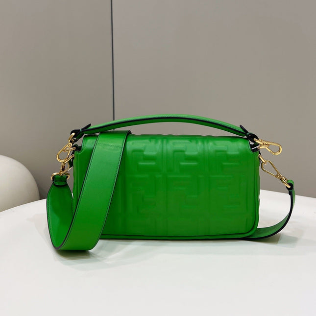 BAGUETTE WITH FF MOTIF 27 IN EMERALD GREEN SOFT LAMBSKIN GOLD HARDWARE