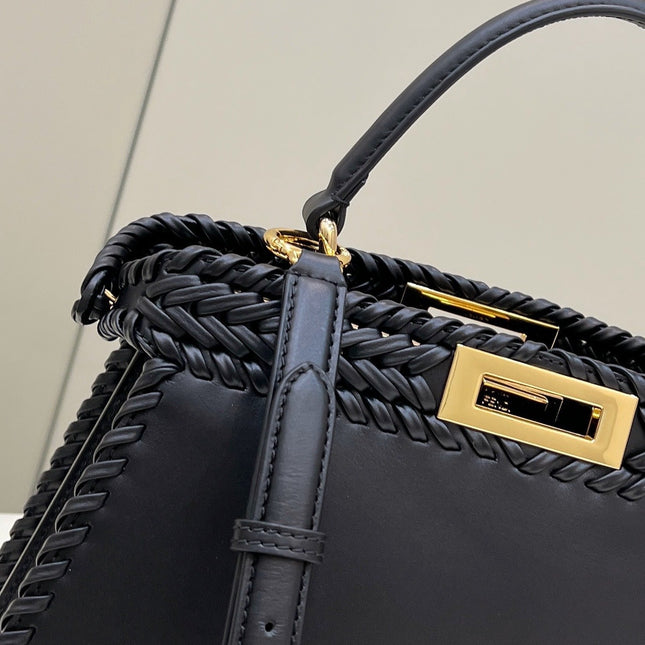 PEEKABOO ISEEU 27 IN BLACK SMOOTH CALFSKIN WITH WOVEN TRIM GOLD HARDWARE