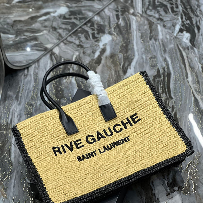 RIVE GAUCHE TOTE BAG 48 IN LIGHT YELLOW AND BLACK TRIM RAFFIA