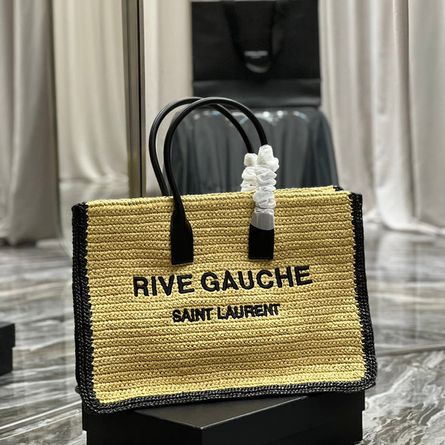 RIVE GAUCHE TOTE BAG 48 IN LIGHT YELLOW AND BLACK TRIM RAFFIA