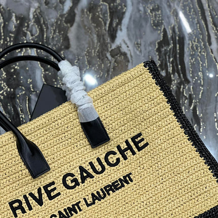 RIVE GAUCHE TOTE BAG 48 IN LIGHT YELLOW AND BLACK TRIM RAFFIA
