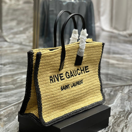 RIVE GAUCHE TOTE BAG 48 IN LIGHT YELLOW AND BLACK TRIM RAFFIA