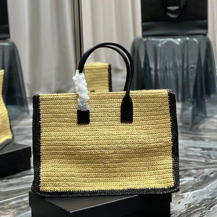 RIVE GAUCHE TOTE BAG 48 IN LIGHT YELLOW AND BLACK TRIM RAFFIA