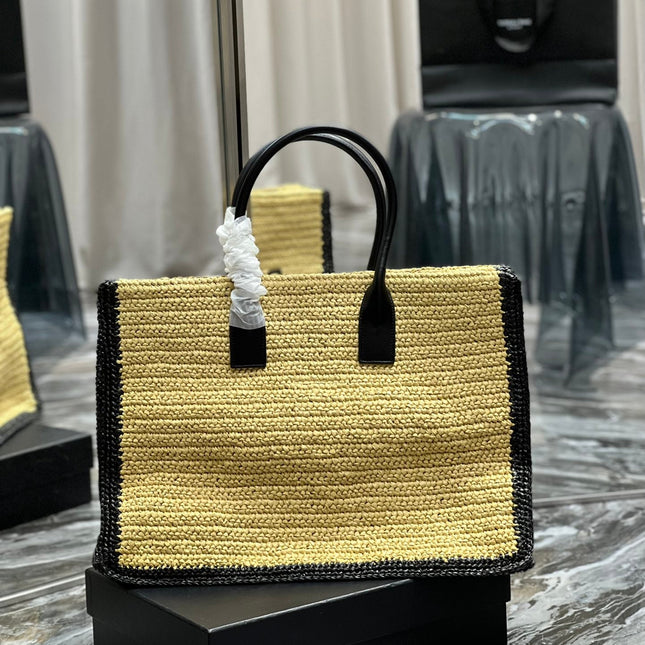 RIVE GAUCHE TOTE BAG 48 IN LIGHT YELLOW AND BLACK TRIM RAFFIA