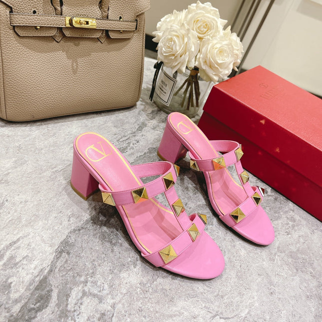 ROMAN STUD BRIGHT PINK CALFSKIN SLIDE SANDAL 60 MM