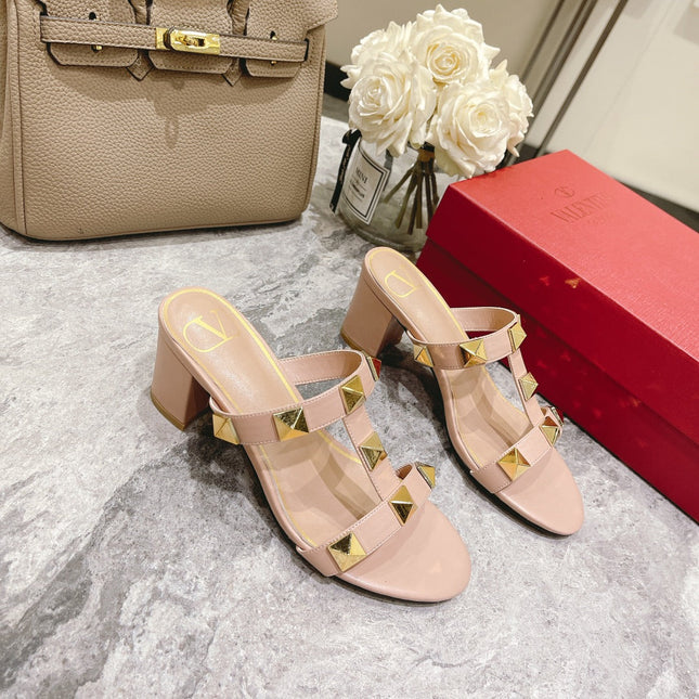 ROMAN STUD PALE PINK CALFSKIN SLIDE SANDAL 60 MM
