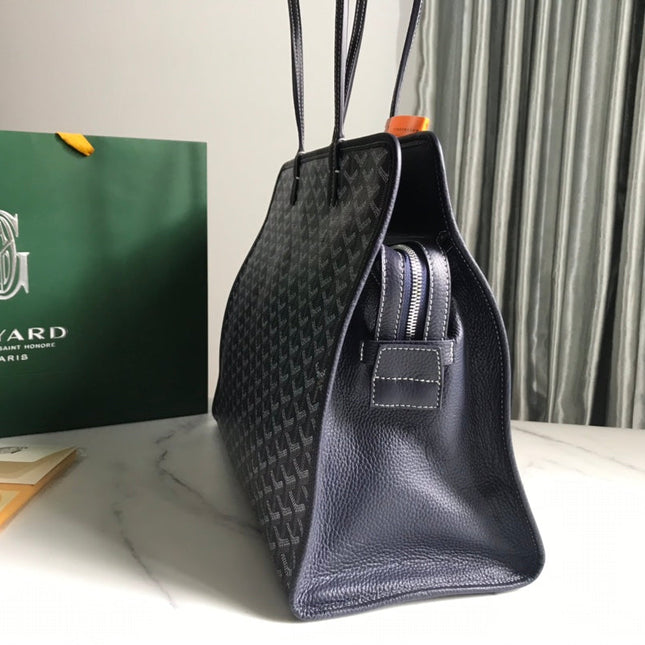 HARDY PM BAG 40 IN NAVY BLUE GOYARDINE CANVAS AND BLACK TAURILLON LEATHER TRIM