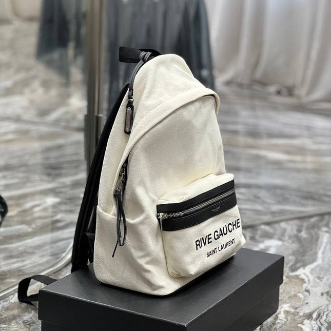 RIVE GAUCHE BACKPACK 35 IN WHITE CANVAS MIX BLACK CALFSKIN