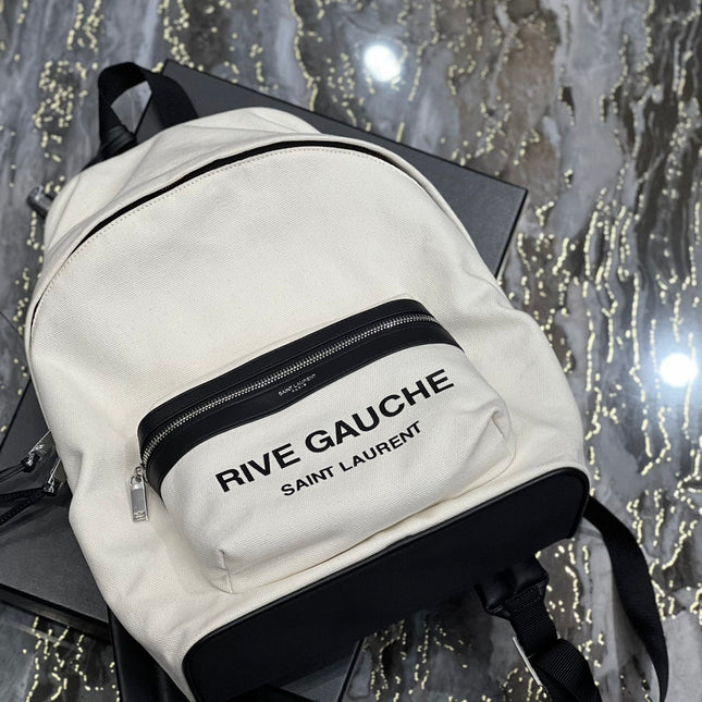 RIVE GAUCHE BACKPACK 35 IN WHITE CANVAS MIX BLACK CALFSKIN