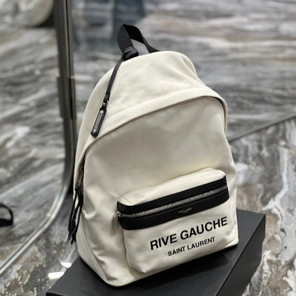 RIVE GAUCHE BACKPACK 35 IN WHITE CANVAS MIX BLACK CALFSKIN