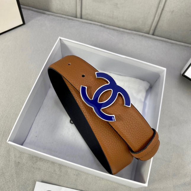 CC 30MM BELT IN BRONZE BROWN GRAINED CALFSKIN WITH NAVY BLUE METAL LOGO