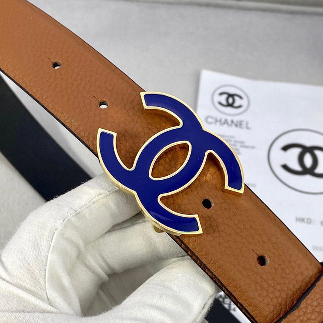 CC 30MM BELT IN BRONZE BROWN GRAINED CALFSKIN WITH NAVY BLUE METAL LOGO