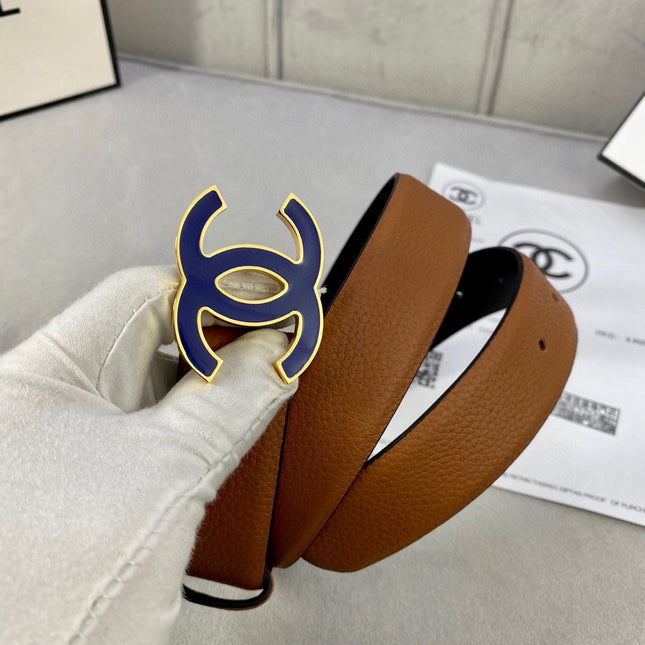 CC 30MM BELT IN BRONZE BROWN GRAINED CALFSKIN WITH NAVY BLUE METAL LOGO