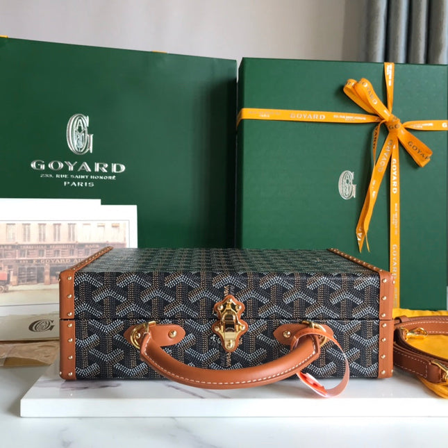 GRAND HÔTEL TRUNK BAG 24 IN BLACK GOYARDINE CANVAS AND TAN CALFSKIN