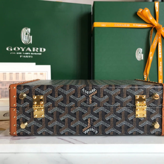 GRAND HÔTEL TRUNK BAG 24 IN BLACK GOYARDINE CANVAS AND TAN CALFSKIN