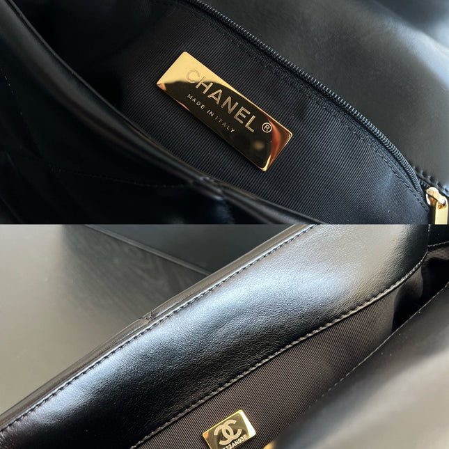 19 FLAP BAG 30 BLACK GOATSKIN RUTHENIUM HARDWARE