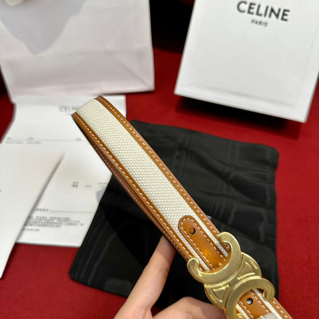TRIOMPHE BELT 25MM REVERSIBLE IN WHITE FABRIC AND BROWN CALFSKIN WITH GOLD BUCKLE