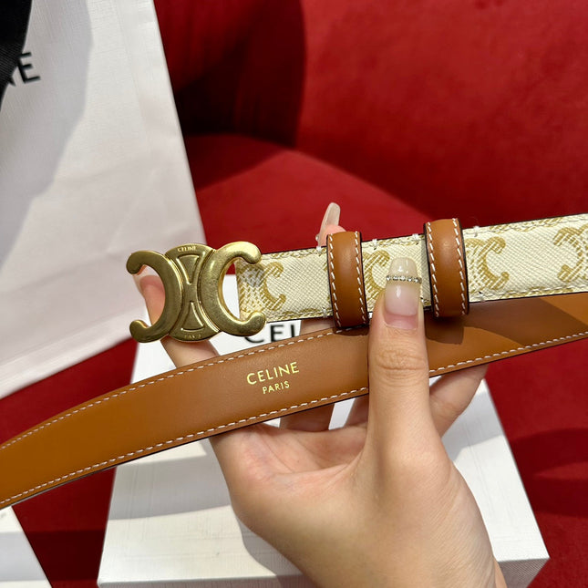 TRIOMPHE BELT 25MM REVERSIBLE IN WHITE LOGO-PRINT AND BROWN CALFSKIN WITH GOLD BUCKLE