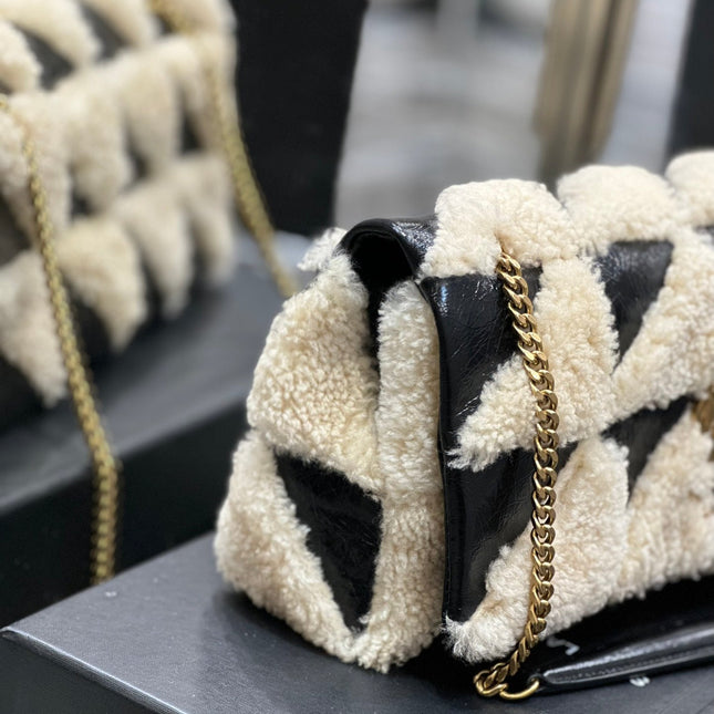 JAMIE BAG 25 IN BLACK CALFSKIN MIX BEIGE SHEARLING GOLD HARDWARE