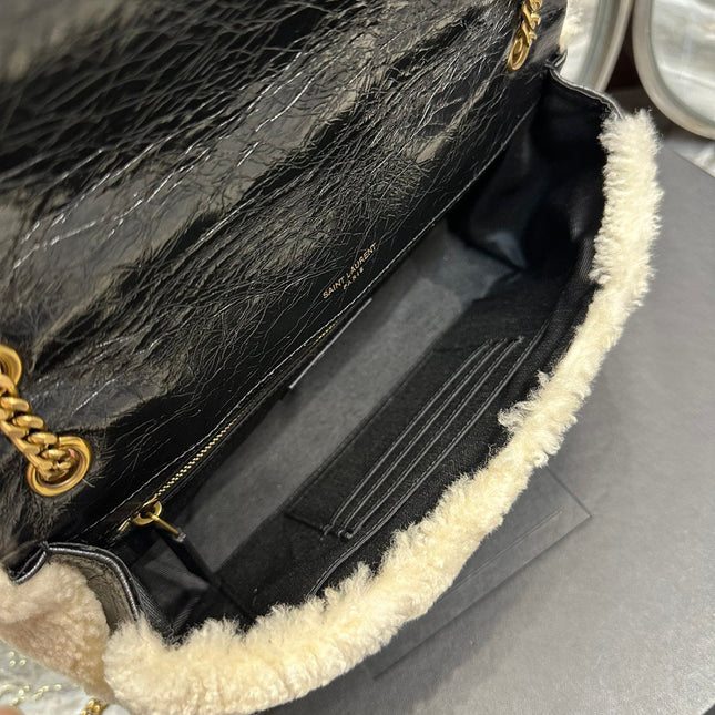 JAMIE BAG 25 IN BLACK CALFSKIN MIX BEIGE SHEARLING GOLD HARDWARE
