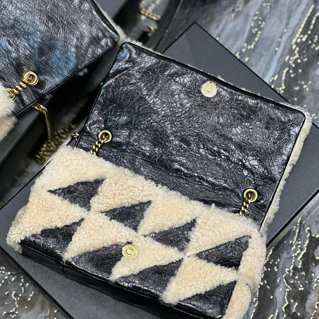 JAMIE BAG 25 IN BLACK CALFSKIN MIX BEIGE SHEARLING GOLD HARDWARE