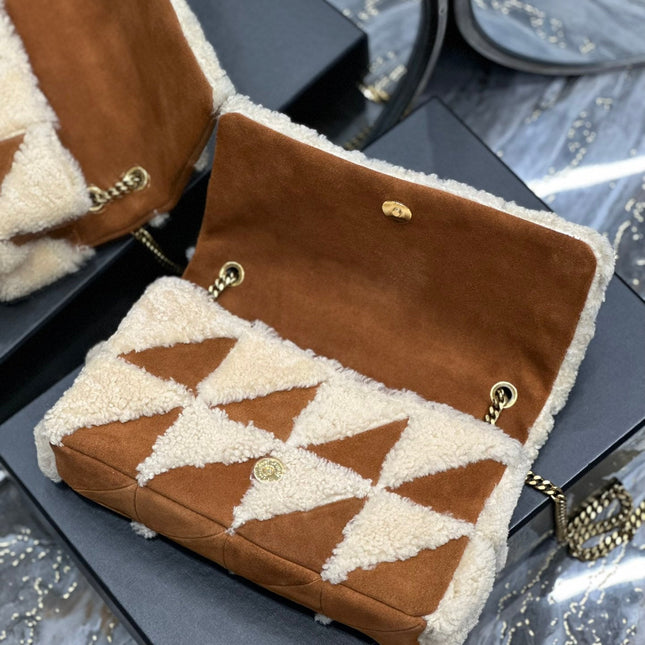 JAMIE BAG 25 IN BROWN SUEDE MIX BEIGE SHEARLING GOLD HARDWARE