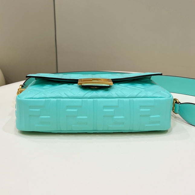 BAGUETTE WITH FF MOTIF 27 IN TURQUOISE SOFT LAMBSKIN GOLD HARDWARE