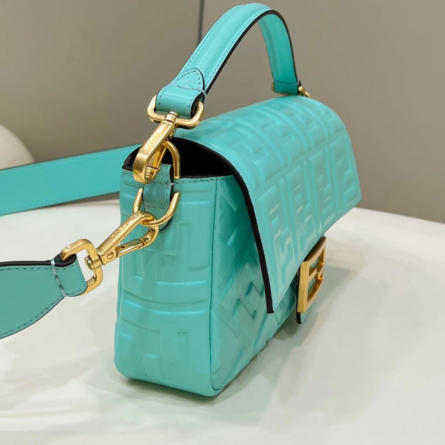 BAGUETTE WITH FF MOTIF 27 IN TURQUOISE SOFT LAMBSKIN GOLD HARDWARE