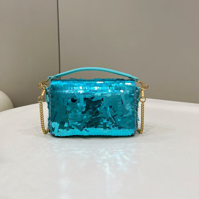 BAGUETTE MINI 19 IN BRIGHT TURQUOISE SEQUINS GOLD HARDWARE