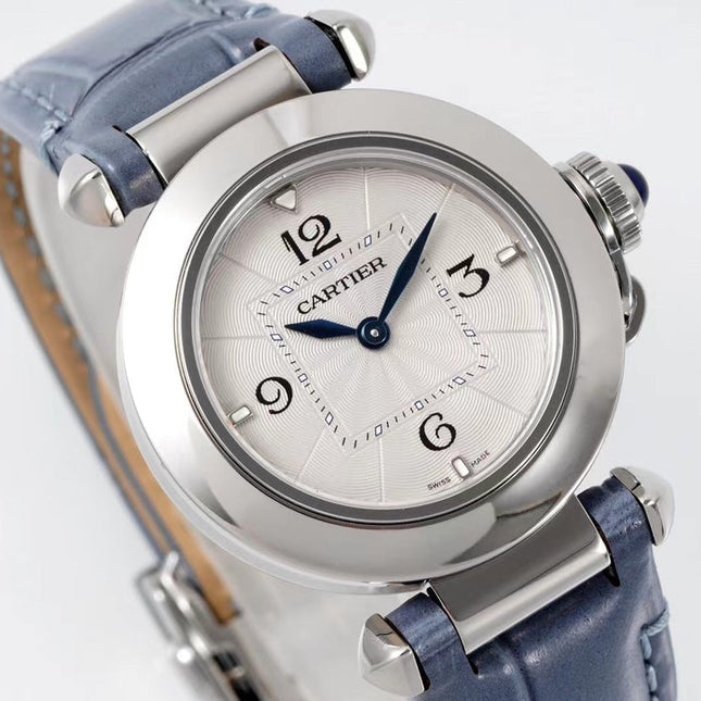 PASHA DE CARTIER WATCH SILVER CASE WITH STONE BLUE LEATHER STRAP