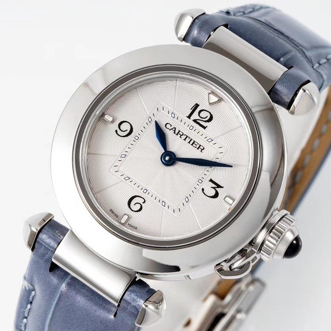 PASHA DE CARTIER WATCH SILVER CASE WITH STONE BLUE LEATHER STRAP