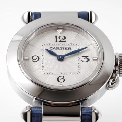 PASHA DE CARTIER WATCH SILVER CASE WITH STONE BLUE LEATHER STRAP