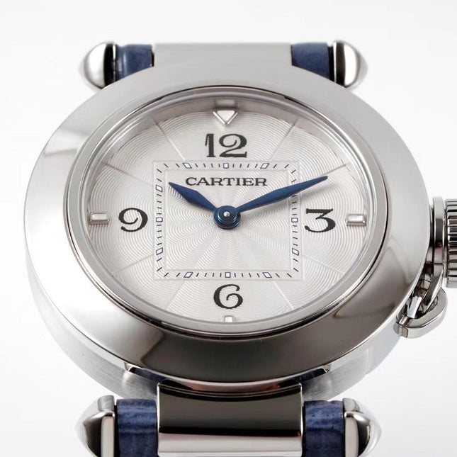 PASHA DE CARTIER WATCH SILVER CASE WITH STONE BLUE LEATHER STRAP