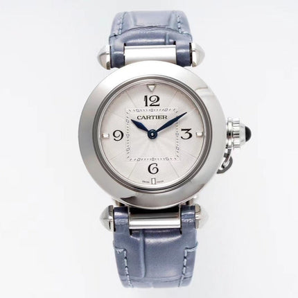 PASHA DE CARTIER WATCH SILVER CASE WITH STONE BLUE LEATHER STRAP